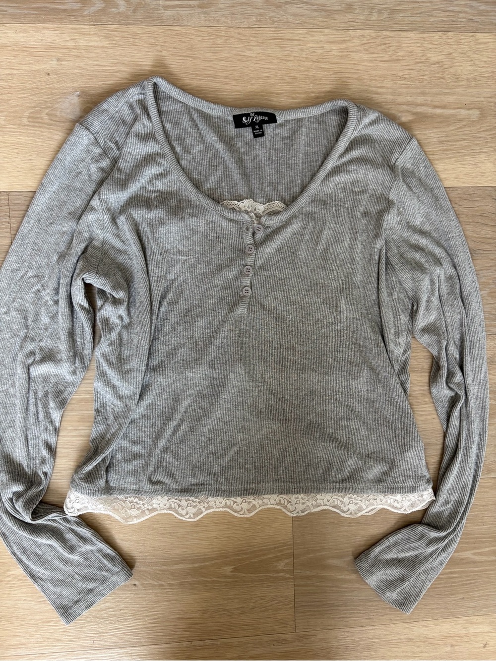 Self Esteem Y2K Grey Ribbed Lace Trim Henley Top XL